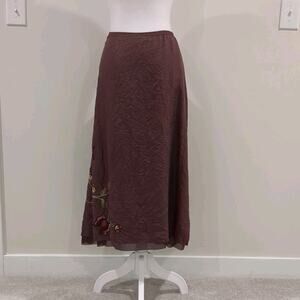 J Jill Women L Silk Chocolate Brown Crinkle Skirt Embroidered Whimsigoth Netting